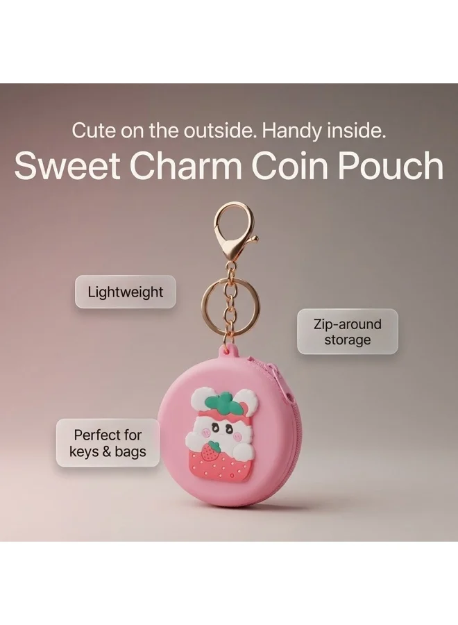 Mobcos Pink Teddy MOBCOS Mini Pouch Keychain – Cute Round Zipper Coin Purse & Multipurpose Mini Storage Bag with Keyring for Coins, Cash, Keys and Small Essentials | Pink Teddy  | Best Price UAE