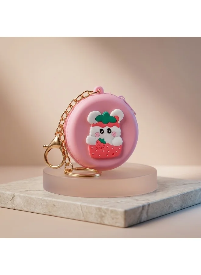 Mobcos Pink Teddy MOBCOS Mini Pouch Keychain – Cute Round Zipper Coin Purse & Multipurpose Mini Storage Bag with Keyring for Coins, Cash, Keys and Small Essentials | Pink Teddy  | Best Price UAE