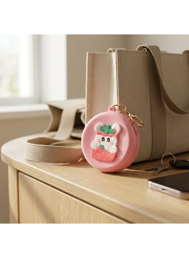 Mobcos Pink Teddy MOBCOS Mini Pouch Keychain – Cute Round Zipper Coin Purse & Multipurpose Mini Storage Bag with Keyring for Coins, Cash, Keys and Small Essentials | Pink Teddy  | Best Price UAE