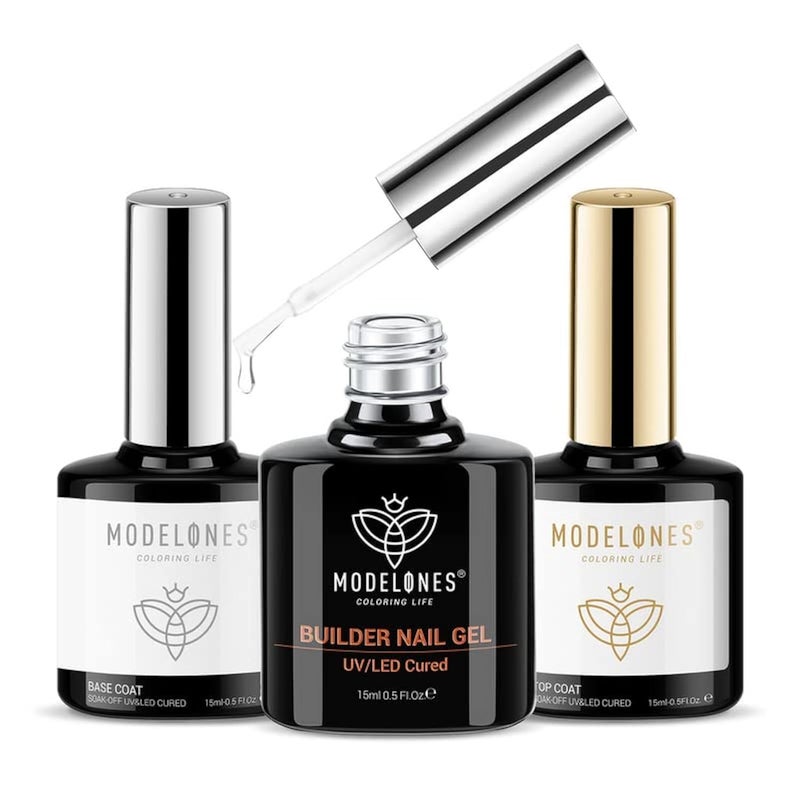 modelones Builder Nail Gel with Gel Top Coat, 3Pcs Clear Builder Nail Kit for Thickening Apex Building Extension Rhinestone Gel Tips Glue, U/V LED Lamp Cured for Home DIY Salon Girls - Image 1