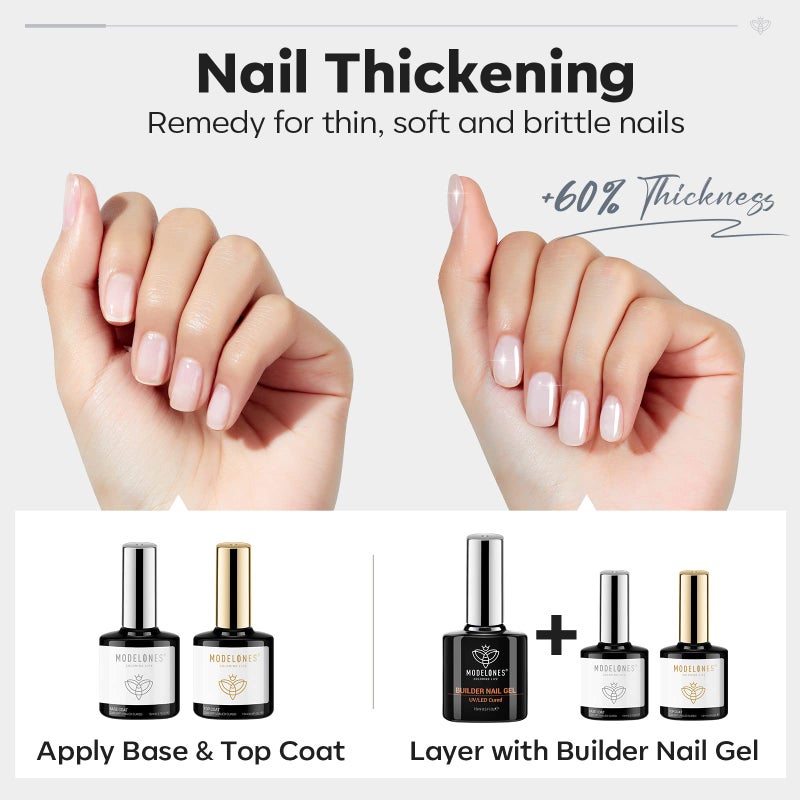modelones Builder Nail Gel with Gel Top Coat, 3Pcs Clear Builder Nail Kit for Thickening Apex Building Extension Rhinestone Gel Tips Glue, U/V LED Lamp Cured for Home DIY Salon Girls - Image 3