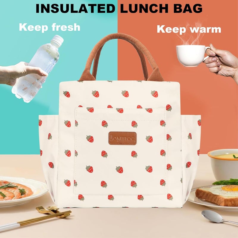 Joymee Lunch Bag Women Insulated Lunch Box Reusable Leakproof Large Spacious Cooler Tote for Women Men Adult with Bottle Holder and Side Pockets for Work Office Travel Picnic - Strawberry - Image 2