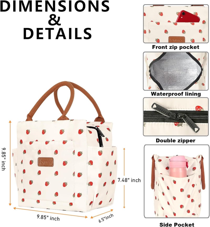 Joymee Lunch Bag Women Insulated Lunch Box Reusable Leakproof Large Spacious Cooler Tote for Women Men Adult with Bottle Holder and Side Pockets for Work Office Travel Picnic - Strawberry - Image 5