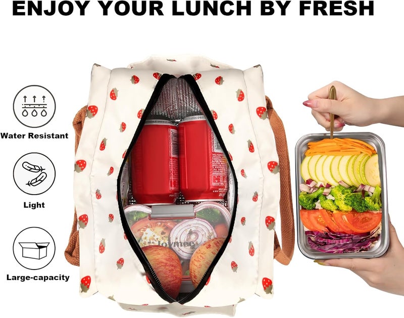 Joymee Lunch Bag Women Insulated Lunch Box Reusable Leakproof Large Spacious Cooler Tote for Women Men Adult with Bottle Holder and Side Pockets for Work Office Travel Picnic - Strawberry - Image 3