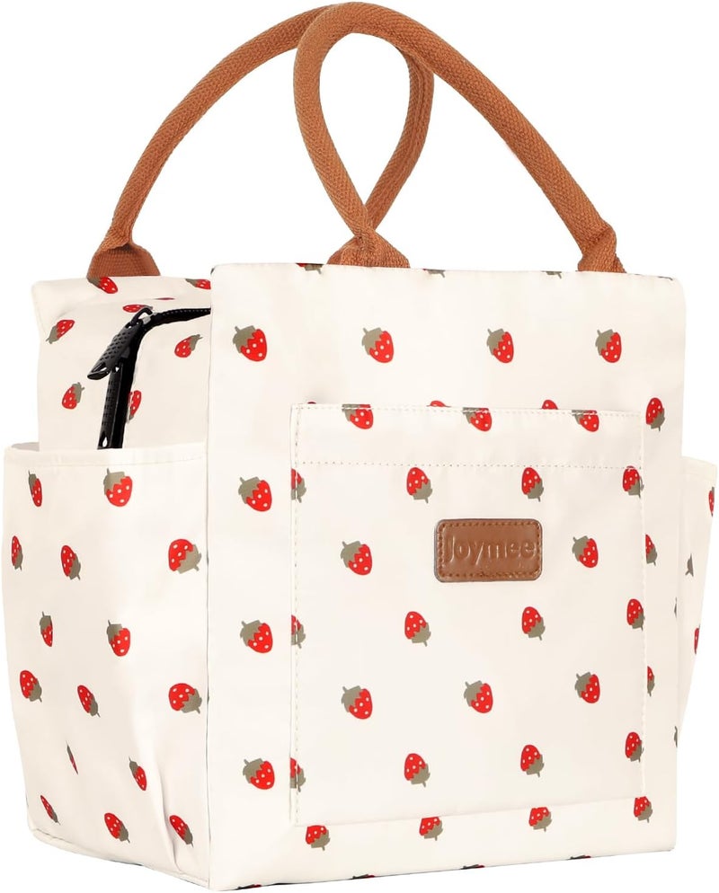 Joymee Lunch Bag Women Insulated Lunch Box Reusable Leakproof Large Spacious Cooler Tote for Women Men Adult with Bottle Holder and Side Pockets for Work Office Travel Picnic - Strawberry - Image 1