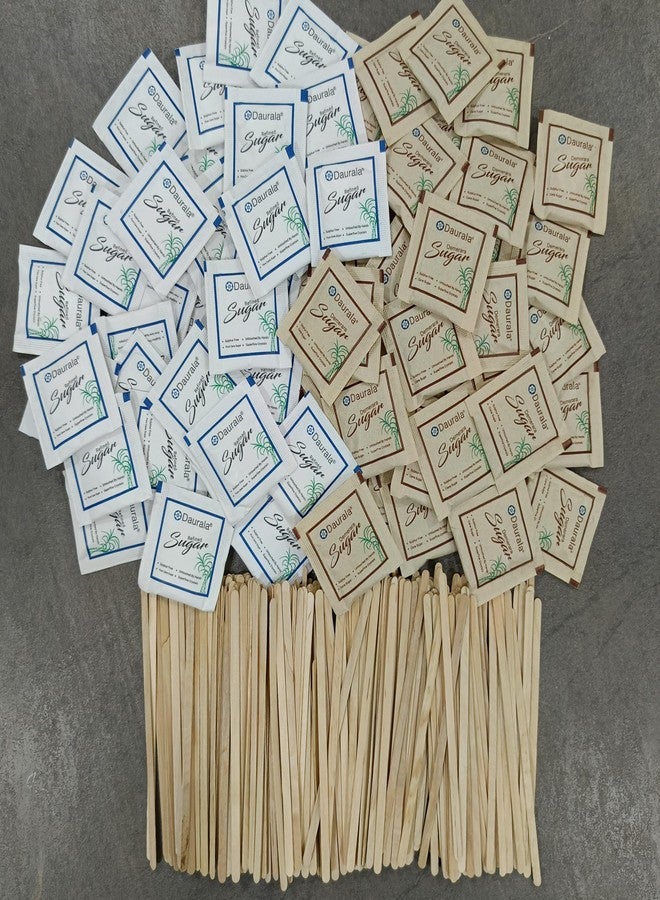 SFU E Com Daurala Refined Sugar & Demerara Sugar Combo With Coffee Stir Sticks Wood Stirrers Combo | Daurala Sugar (200pcs), Daurala Demerara Sugar (200pcs), Stirrer Stick (200pcs) - Image 1