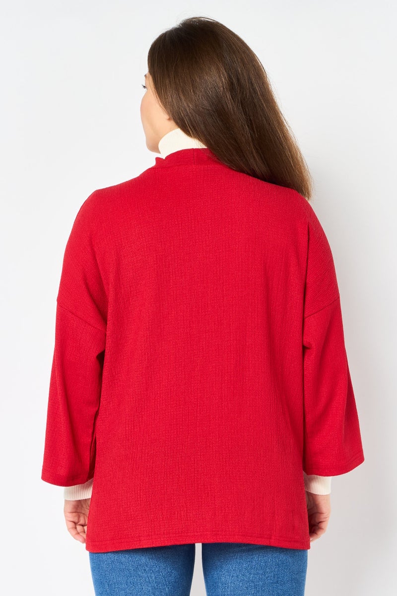 BIG DART Women Split Neck Textured Cardigan, Red - Image 3