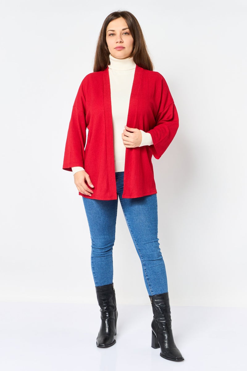 BIG DART Women Split Neck Textured Cardigan, Red - Image 2