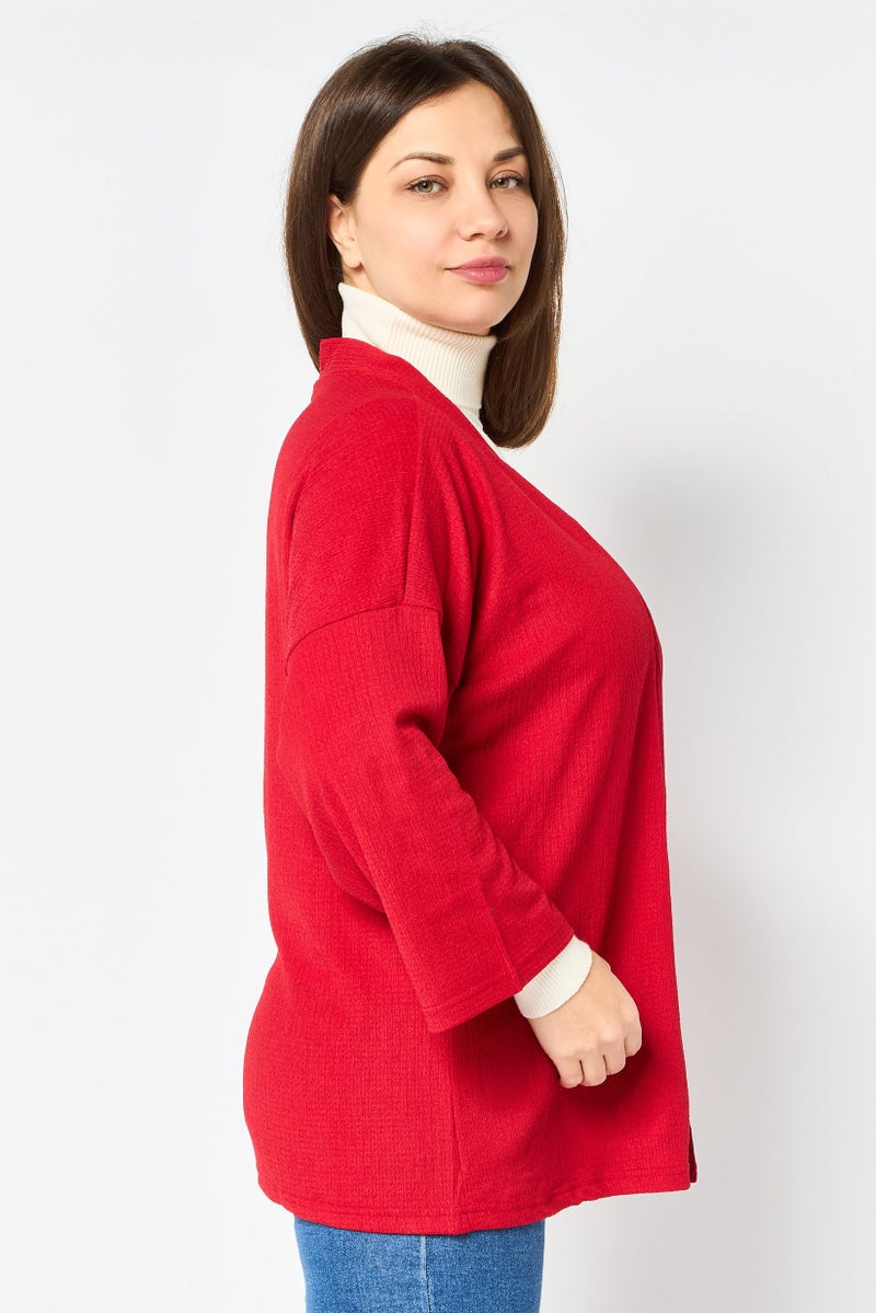 BIG DART Women Split Neck Textured Cardigan, Red - Image 4