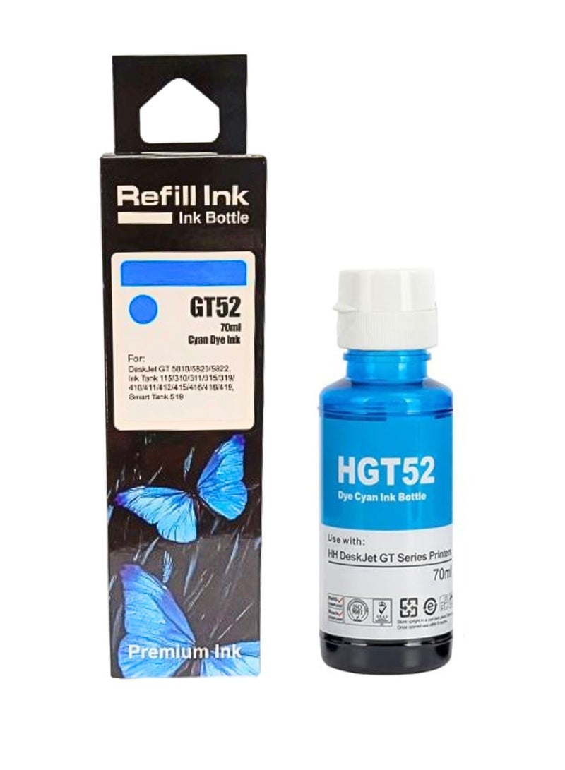 Terabyte GT52 70ml for HP Printer Desk Jet Smart GT Tank Cyan  - Image 1