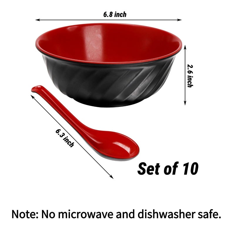 Mezchi Set of 10 Melamine Miso Soup Bowls with Spoons, 26 Oz Large Cereal Bowls, 6.8" Japanese Ramen Bowl, Japanese Soup Bowl for Noodles, Restsurant Supplies, Black & Red - Image 3