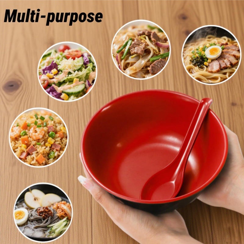 Mezchi Set of 10 Melamine Miso Soup Bowls with Spoons, 26 Oz Large Cereal Bowls, 6.8" Japanese Ramen Bowl, Japanese Soup Bowl for Noodles, Restsurant Supplies, Black & Red - Image 5
