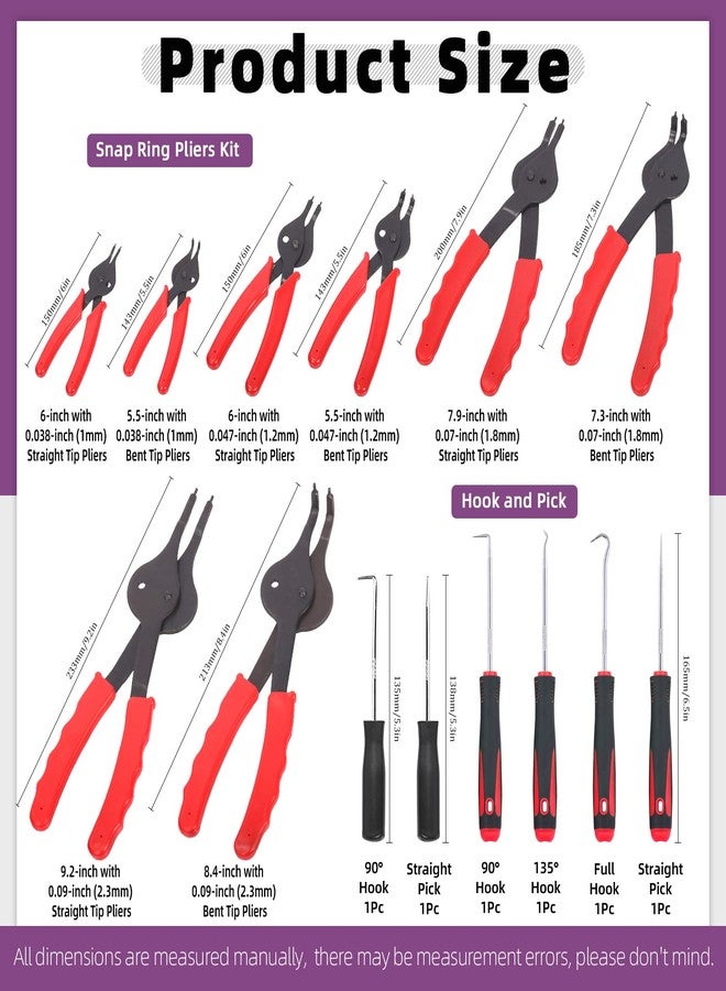 Swpeet 225Pcs Snap Ring Plier Set, 11Pcs Straight & Bent Retaining Ring Pliers With Case, 5 Size External Internal Circlip Retainer Rings Set with Rubber Washer Hook & Pick for Car Trunk Motorcycle - Image 3