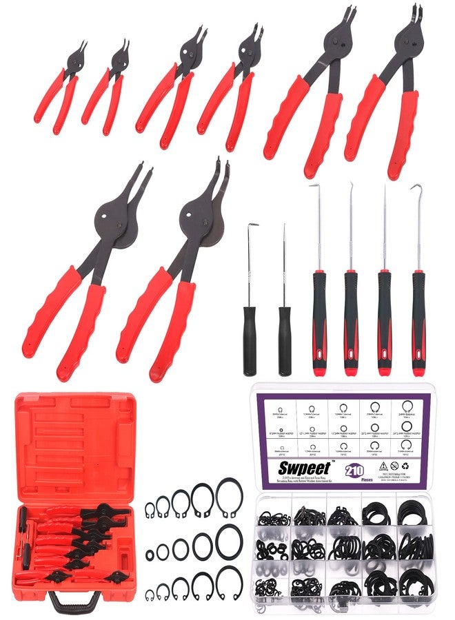 Swpeet 225Pcs Snap Ring Plier Set, 11Pcs Straight & Bent Retaining Ring Pliers With Case, 5 Size External Internal Circlip Retainer Rings Set with Rubber Washer Hook & Pick for Car Trunk Motorcycle - Image 1