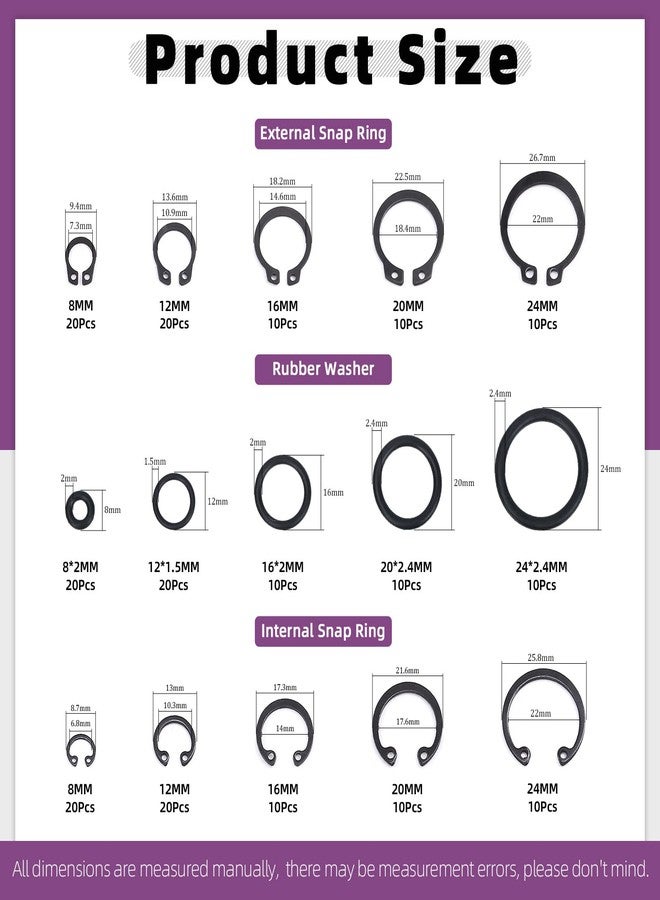 Swpeet 225Pcs Snap Ring Plier Set, 11Pcs Straight & Bent Retaining Ring Pliers With Case, 5 Size External Internal Circlip Retainer Rings Set with Rubber Washer Hook & Pick for Car Trunk Motorcycle - Image 2