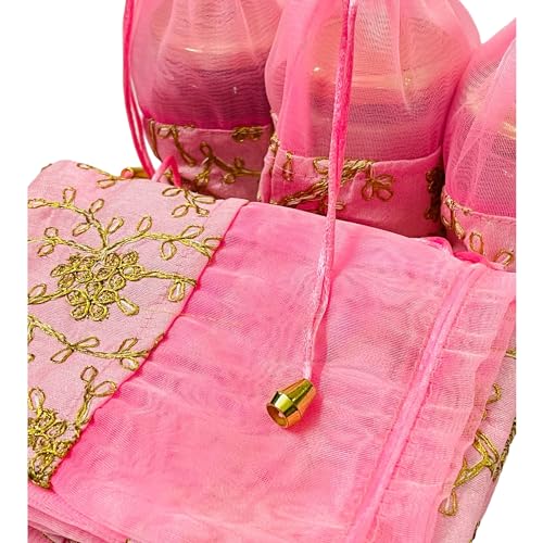KRIWIN Pack of 10 Women's Silk Drawstring Closure Embroided Gift Potli Bags Pouches 7 X 5 inch Capacity- 250 gram (Pink) - Image 5