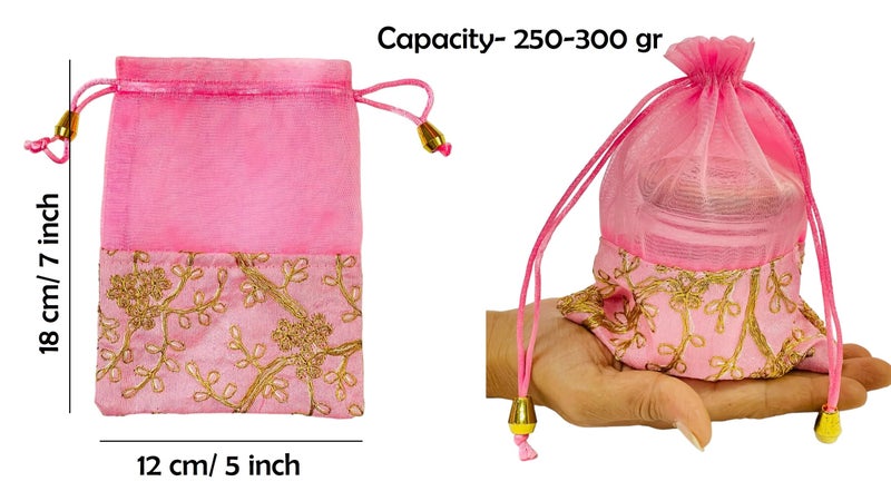 KRIWIN Pack of 10 Women's Silk Drawstring Closure Embroided Gift Potli Bags Pouches 7 X 5 inch Capacity- 250 gram (Pink) - Image 3