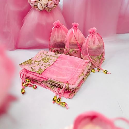 KRIWIN Pack of 10 Women's Silk Drawstring Closure Embroided Gift Potli Bags Pouches 7 X 5 inch Capacity- 250 gram (Pink) - Image 2