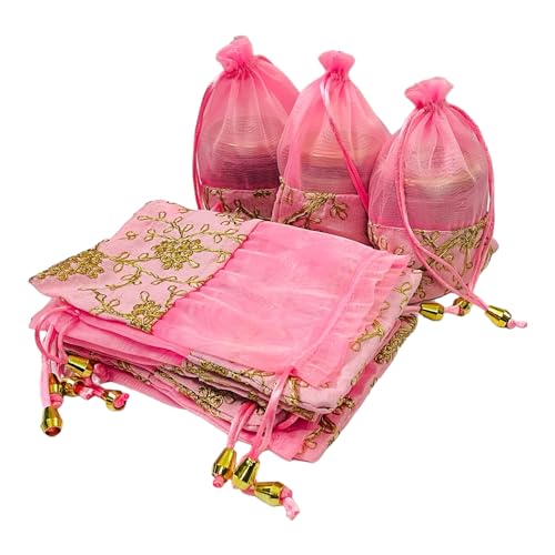 KRIWIN Pack of 10 Women's Silk Drawstring Closure Embroided Gift Potli Bags Pouches 7 X 5 inch Capacity- 250 gram (Pink) - Image 1
