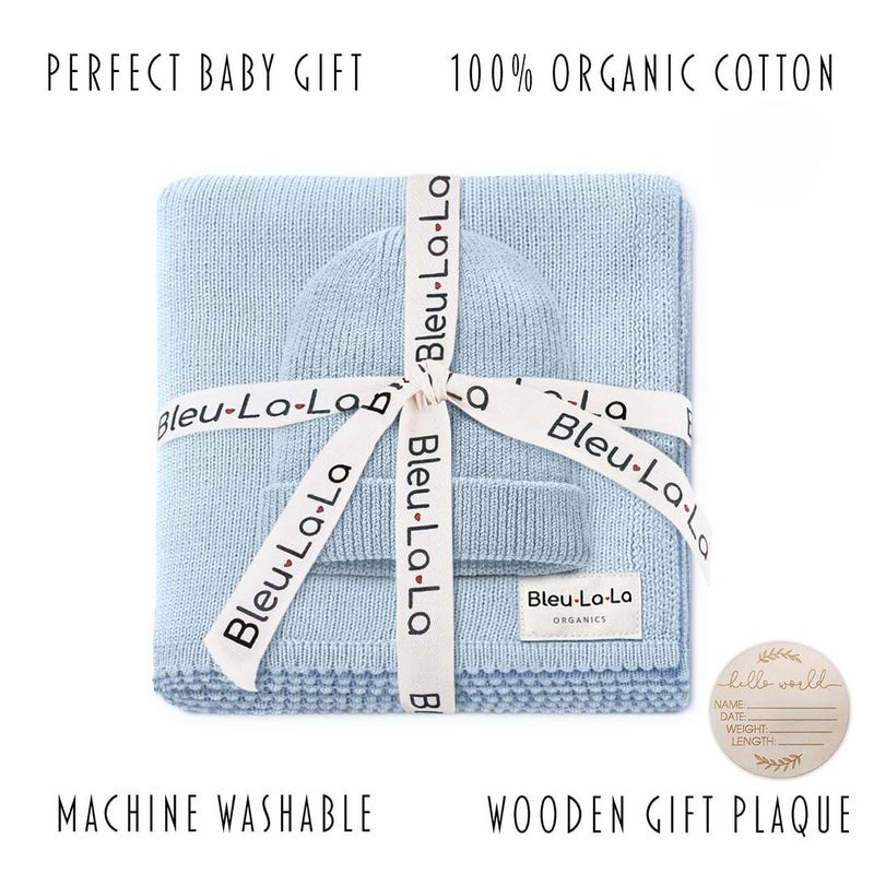 Bleu La La Baby Gift Set - Organic Cotton Newborn Blanket Essentials, Thoughtful Baby Shower & New Baby Gift for Boys & Girls (Luxe - Sky Blue) - Image 3
