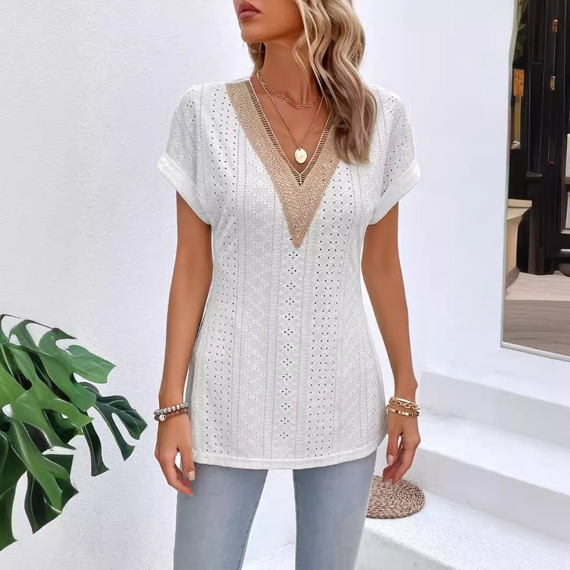 Lace Stitching Bat Sleeve Hem Split T-Shirt 2024 Summer New Women'S Pullover - Image 4