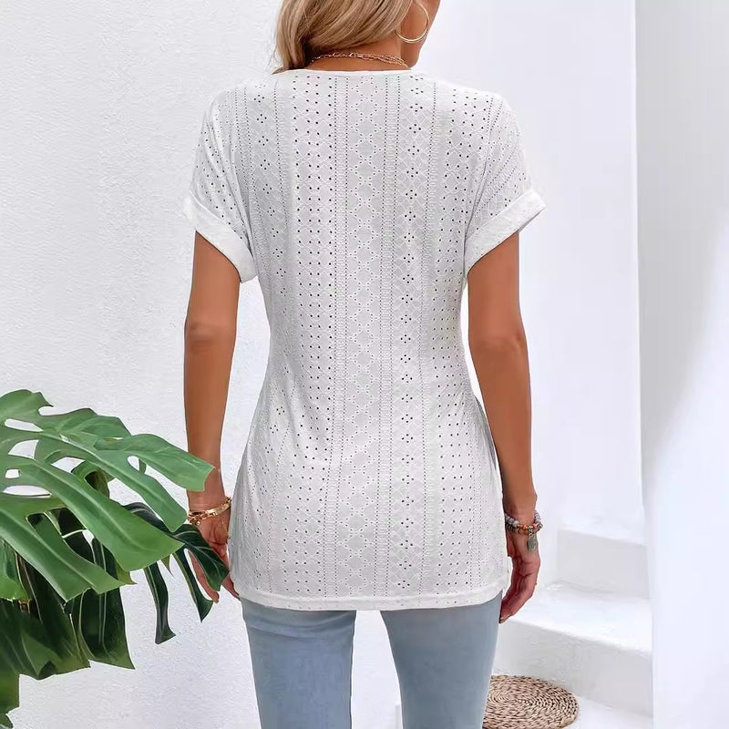 Lace Stitching Bat Sleeve Hem Split T-Shirt 2024 Summer New Women'S Pullover - Image 3