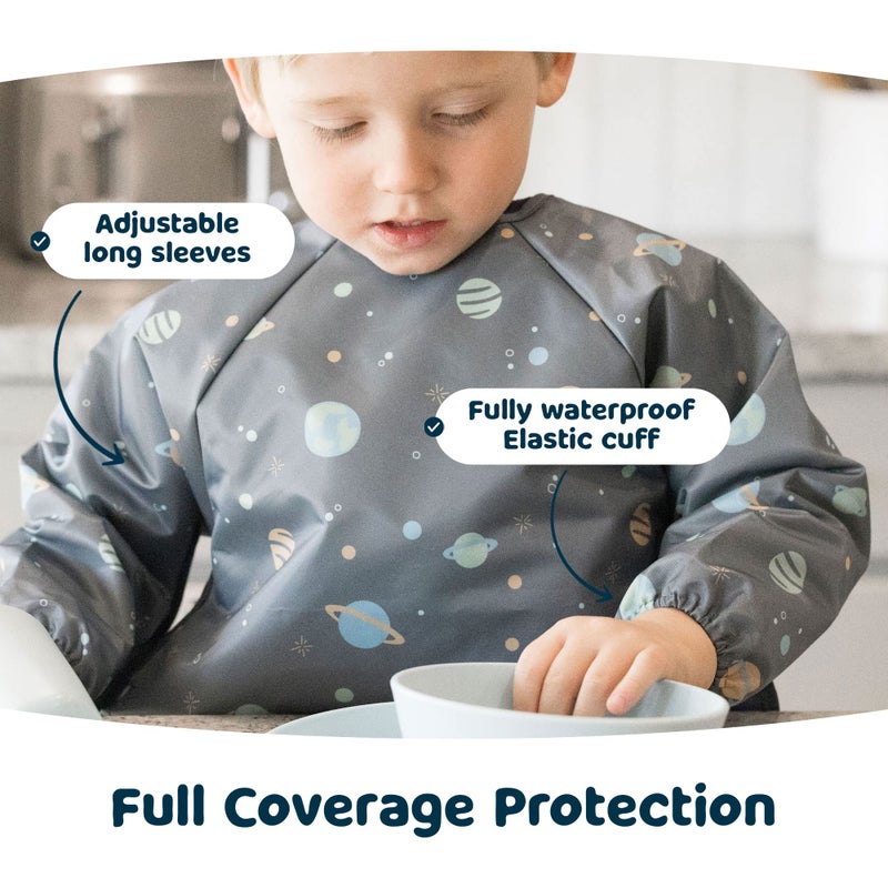 Tiny Twinkle Mess Proof Baby Bib, Cute Full Sleeve Bib Outfit, Waterproof Bibs for Toddlers, Machine Washable, Tug Proof Closure, Baby Smock for Eating, Long Sleeved (Space, Small 6-24 Months) - Image 3