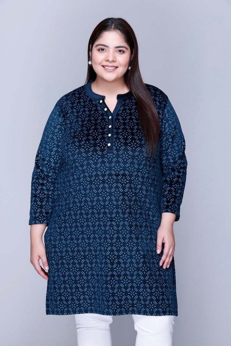 In Love Women's Winter Wear Warm Plus Size Raising Velvet Full Sleeve All Over Printed Kurti, SSA04104_XL Navy, Regular Fit - Image 2