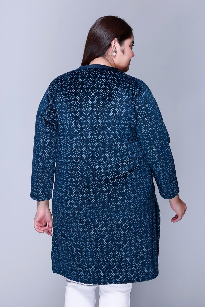 In Love Women's Winter Wear Warm Plus Size Raising Velvet Full Sleeve All Over Printed Kurti, SSA04104_XL Navy, Regular Fit - Image 3