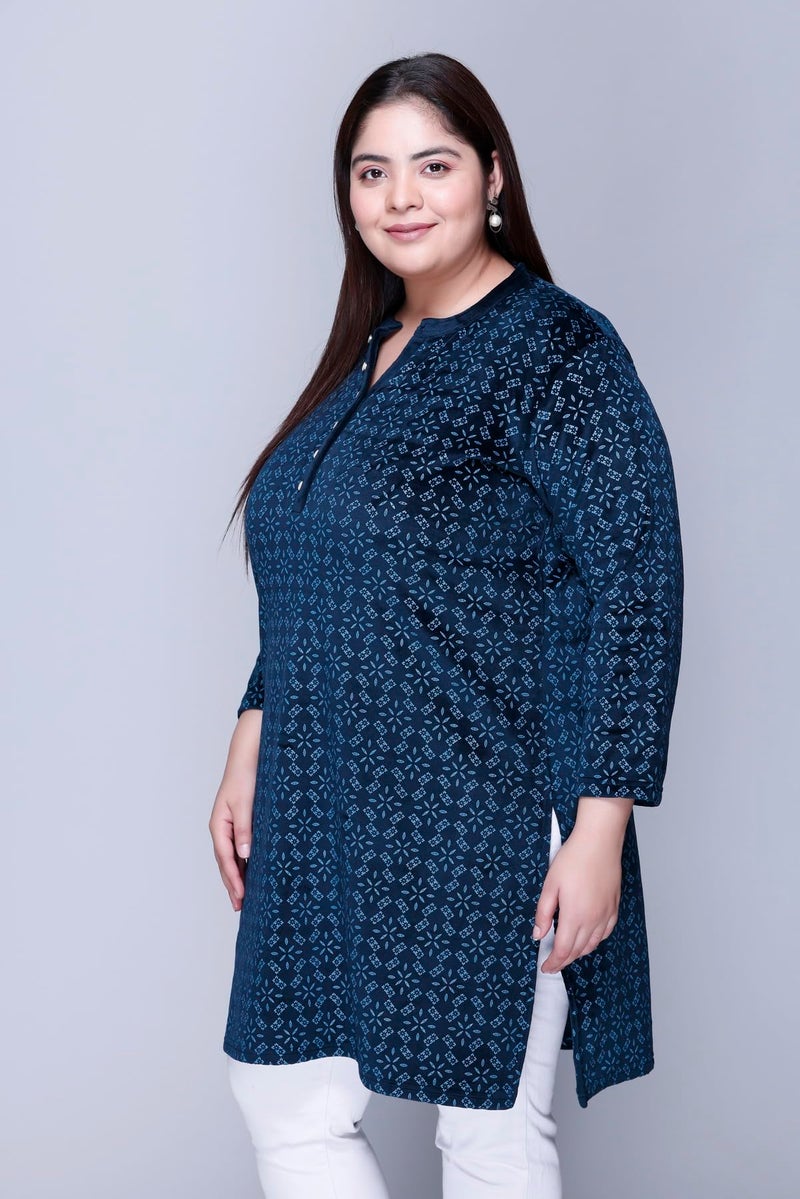In Love Women's Winter Wear Warm Plus Size Raising Velvet Full Sleeve All Over Printed Kurti, SSA04104_XL Navy, Regular Fit - Image 5