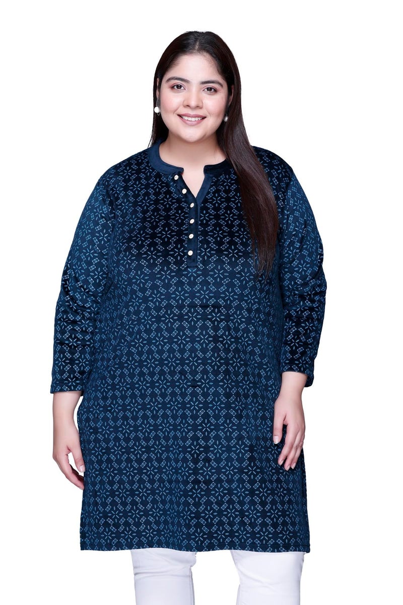 In Love Women's Winter Wear Warm Plus Size Raising Velvet Full Sleeve All Over Printed Kurti, SSA04104_XL Navy, Regular Fit - Image 1