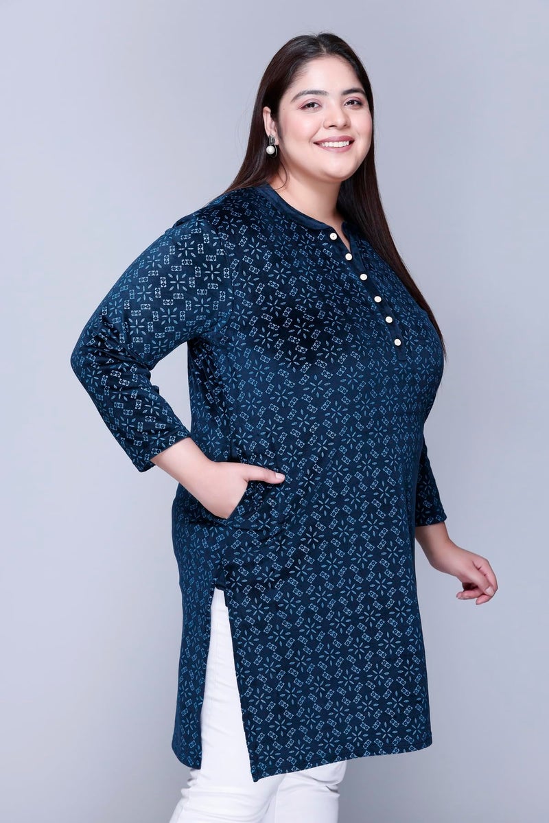 In Love Women's Winter Wear Warm Plus Size Raising Velvet Full Sleeve All Over Printed Kurti, SSA04104_XL Navy, Regular Fit - Image 4