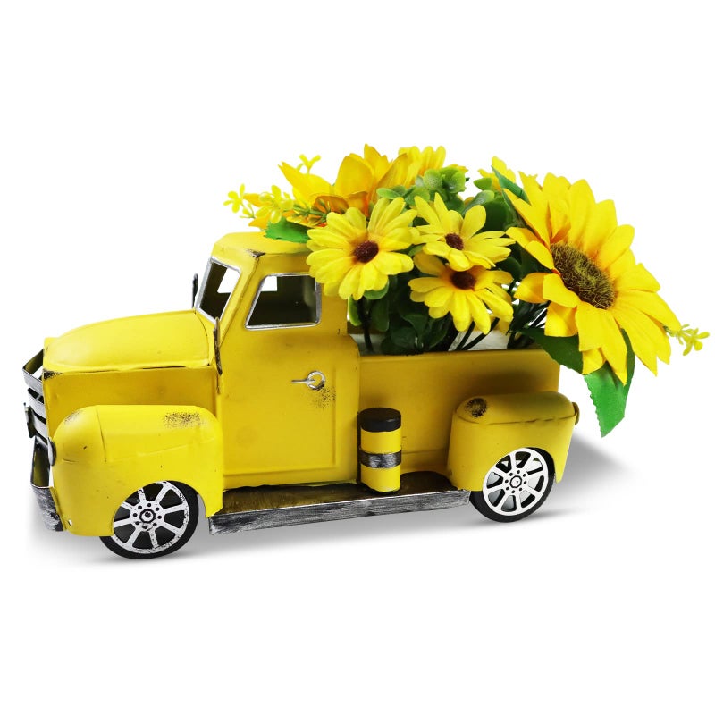 Fleecy day Sunflower Metal Truck with Artificial Flower Vintage Farm Pickup Farmhouse Tabletop Tiered Tray Decor Rustic Farmhouse Decor for Table Top Decor Home KitchenYellow