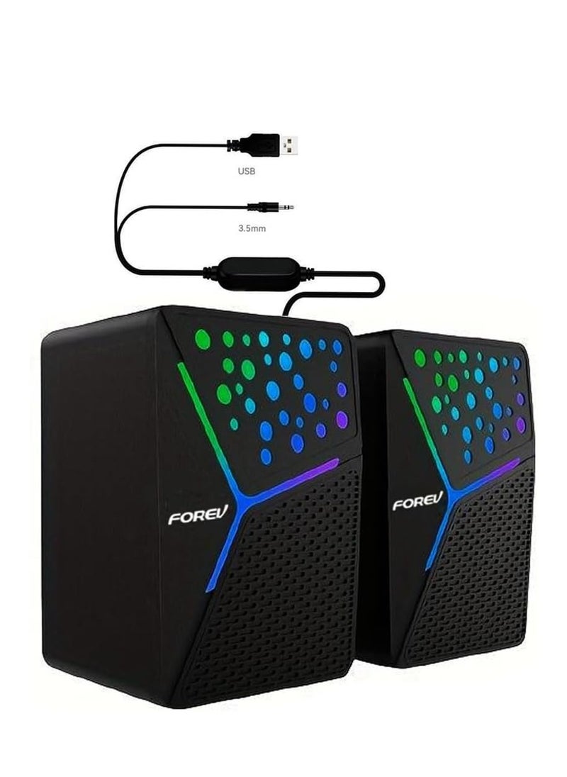 فوريف مكبرات صوت لألعاب الكمبيوتر FV-206 RGB - 3 وات*2 أضواء RGB ستيريو سلكي صغير - مقبس 3.5 مم + 2.0 USB مدعوم للألعاب/الأفلام/الموسيقى/الكمبيوتر الشخصي/الكمبيوتر المحمول  - Image 1