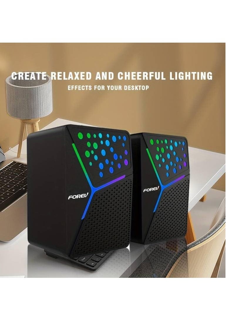 فوريف مكبرات صوت لألعاب الكمبيوتر FV-206 RGB - 3 وات*2 أضواء RGB ستيريو سلكي صغير - مقبس 3.5 مم + 2.0 USB مدعوم للألعاب/الأفلام/الموسيقى/الكمبيوتر الشخصي/الكمبيوتر المحمول  - Image 2
