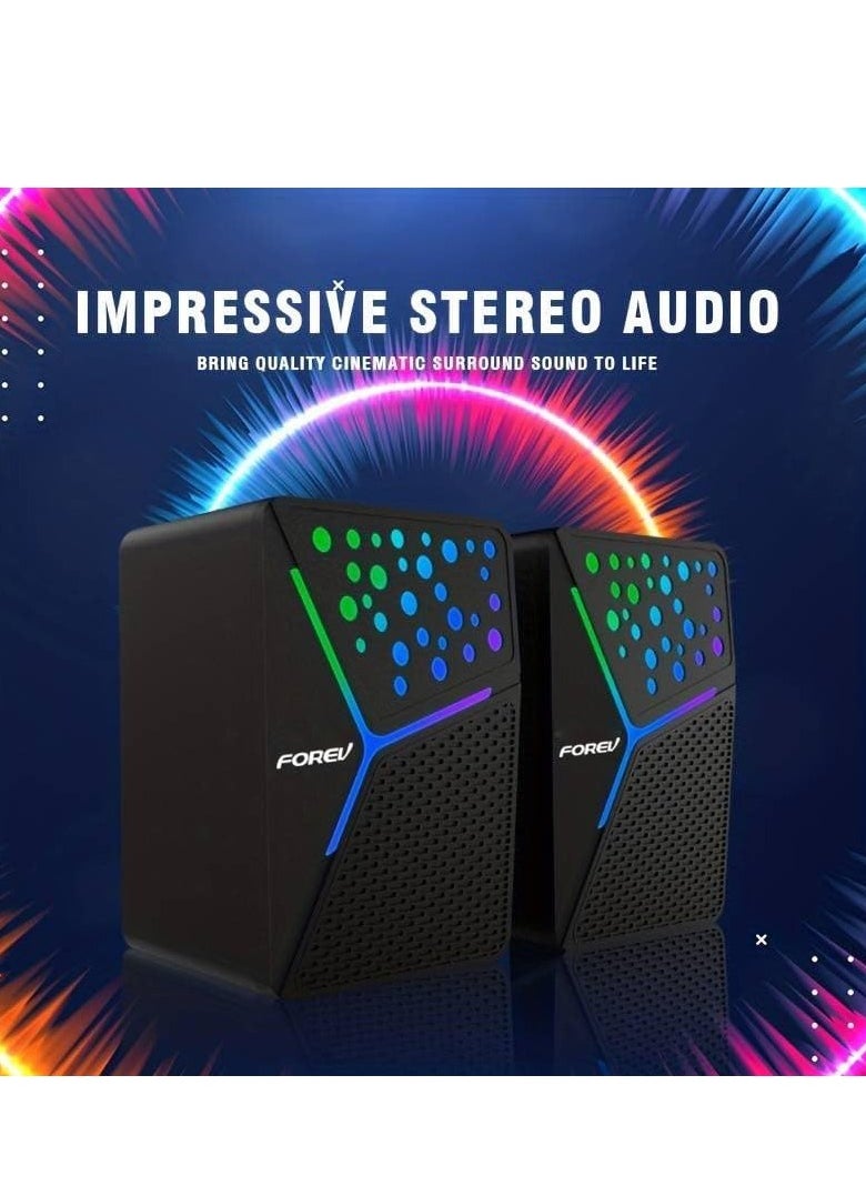 فوريف مكبرات صوت لألعاب الكمبيوتر FV-206 RGB - 3 وات*2 أضواء RGB ستيريو سلكي صغير - مقبس 3.5 مم + 2.0 USB مدعوم للألعاب/الأفلام/الموسيقى/الكمبيوتر الشخصي/الكمبيوتر المحمول  - Image 3