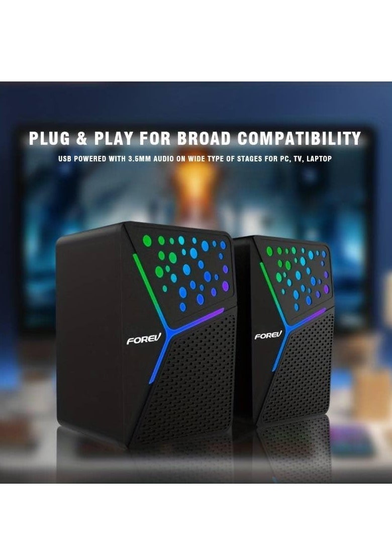 فوريف مكبرات صوت لألعاب الكمبيوتر FV-206 RGB - 3 وات*2 أضواء RGB ستيريو سلكي صغير - مقبس 3.5 مم + 2.0 USB مدعوم للألعاب/الأفلام/الموسيقى/الكمبيوتر الشخصي/الكمبيوتر المحمول  - Image 5