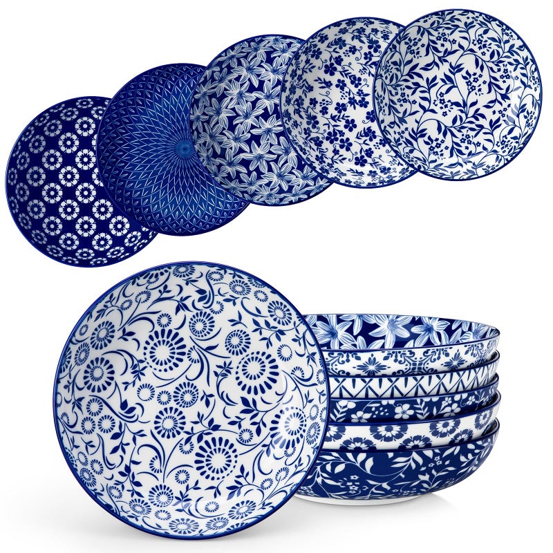 vancasso Selene 85 Pasta Bowls Set of 6 40 oz Porcelain Shallow Salad Bowls Serving Bowls Large Kitchen Bowl Plates Pasta Plates Blue  White Floral Design Microwave Safe