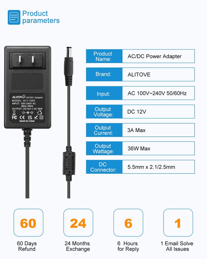 ALITOVE محول الطاقة ALITOVE 12V DC 3A 36W عالمي محول AC 100-240V 50-60Hz إلى محول طاقة 12 فولت كابل 3 أمبير 2.5 أمبير 2 أمبير 5.5 مم × 2.5 مم 2.1 مم لأضواء شريط LED وكاميرات الأمن CCTV وشاشات الكمبيوتر والمزيد - Image 3
