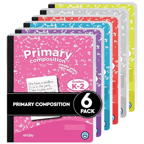 Enday Primary Composition Notebook K-2, Primary Ruled Composition Book, Primary Composition Notebook for Kids, 100 Sheets kindergarten Notebook, Pink, Purple, Green, Blue, Red, Grey (6 Pack) - Image 1