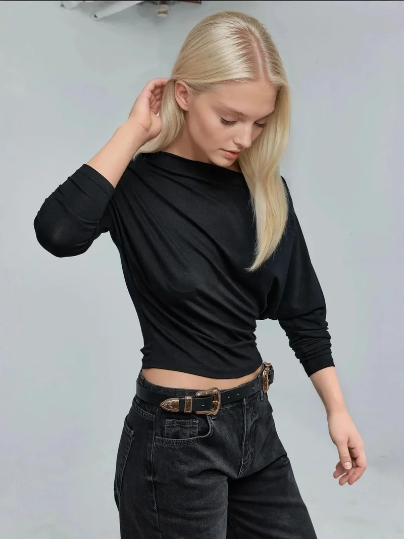 HICCUP Asymmetrical Collar Long Sleeve Elastic Knit T-Shirt