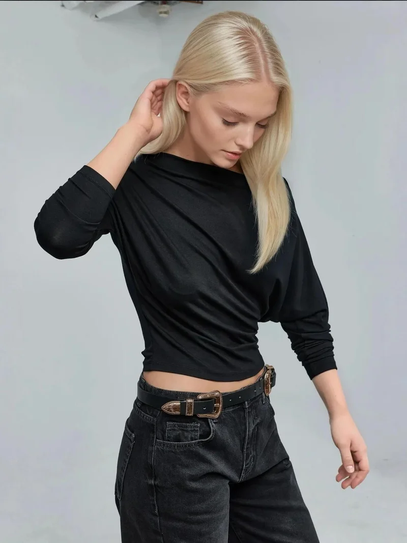 HICCUP Asymmetrical Collar Long Sleeve Elastic Knit T-Shirt