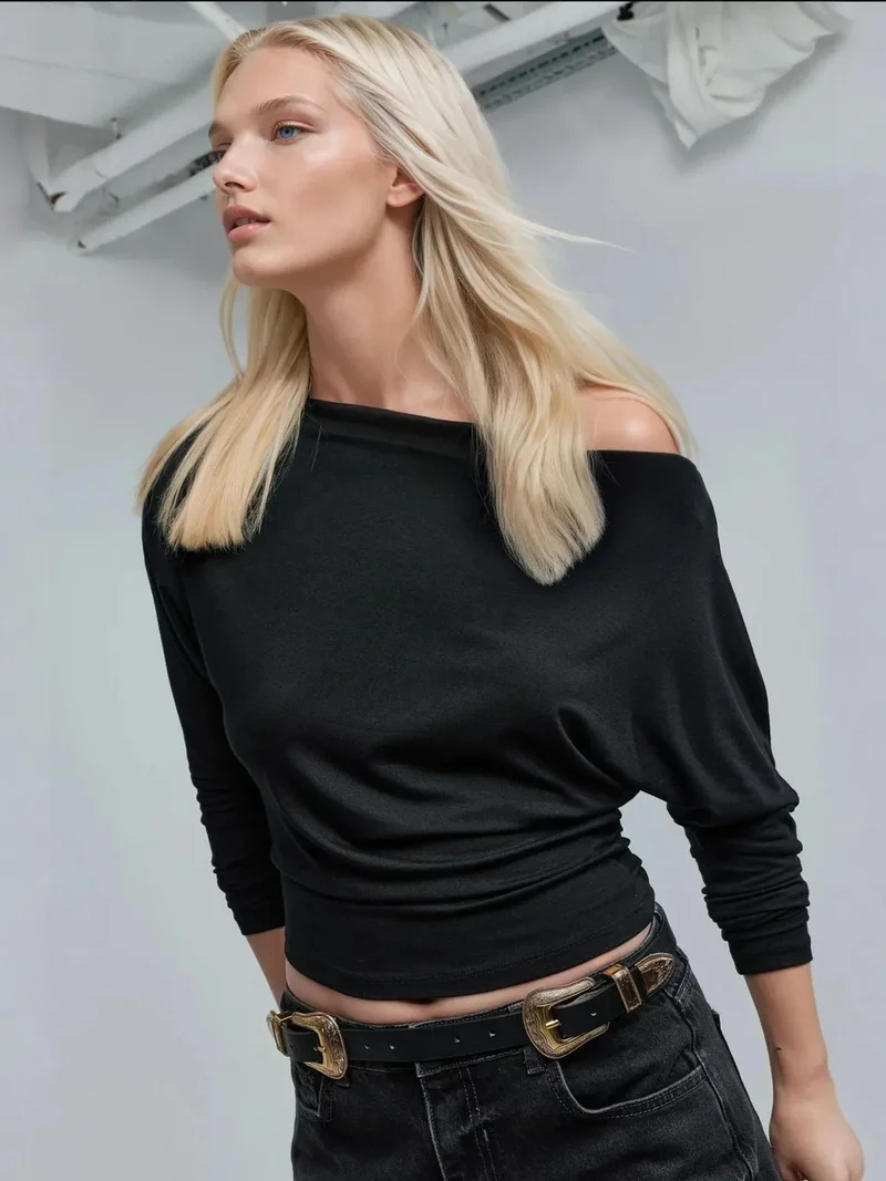 Hiccup Black Asymmetrical Collar Long Sleeve Elastic Knit T-Shirt for Women | Best Price UAE