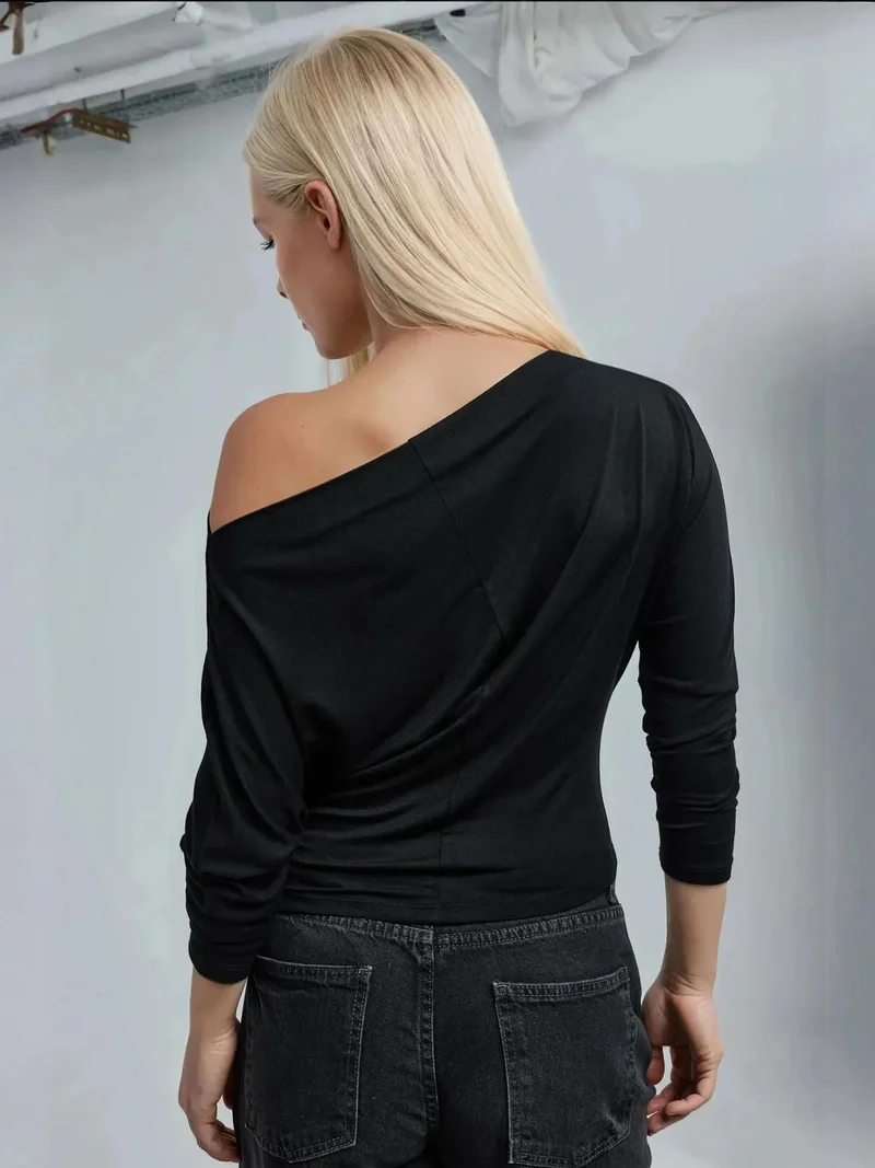 Hiccup Black Asymmetrical Collar Long Sleeve Elastic Knit T-Shirt for Women | Best Price UAE