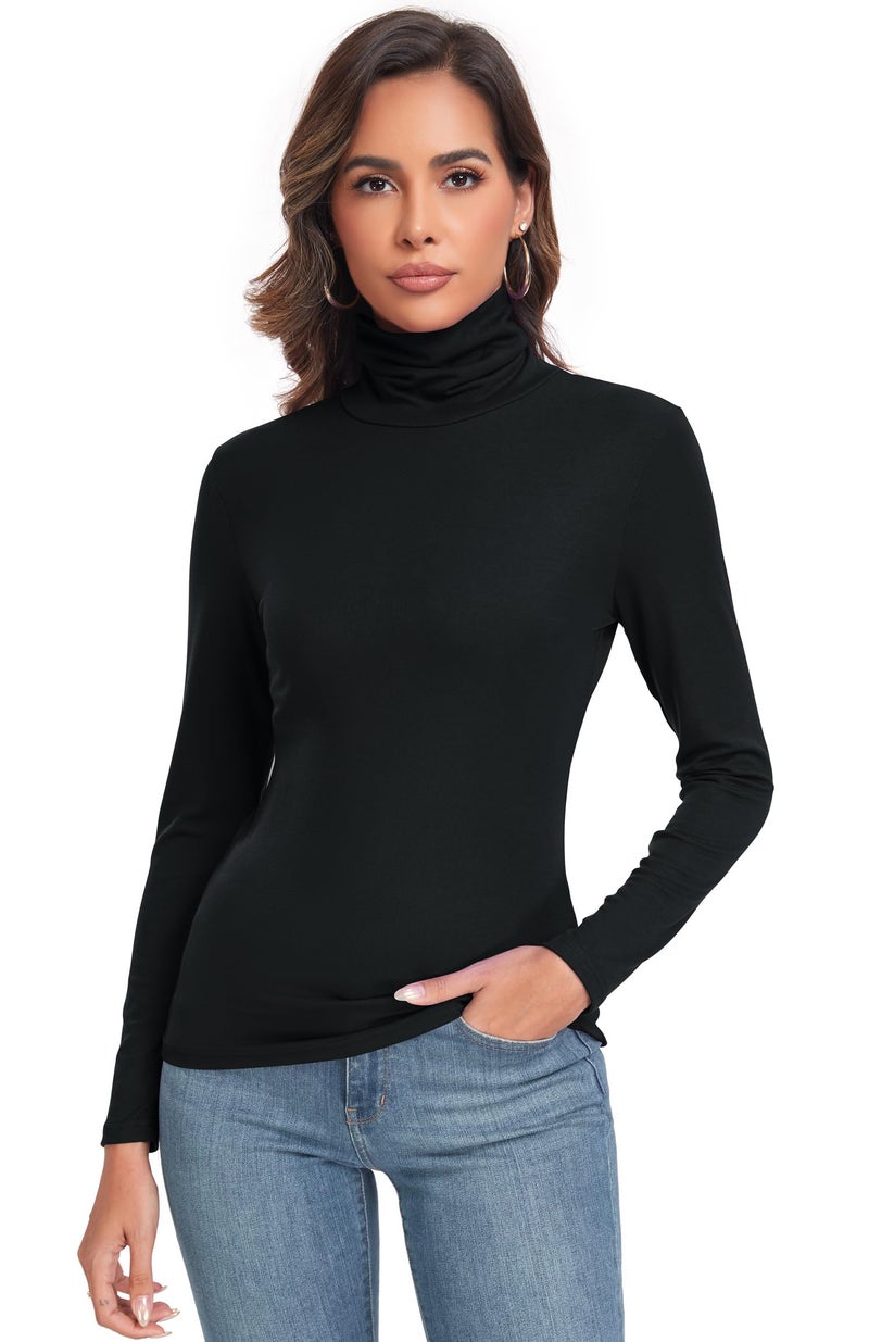Qaffier Women's Turtleneck Long Sleeve Shirts Fall Fashion Basic Layering Slim Fit Soft Thermal Underwear Tops Black Large - Image 1