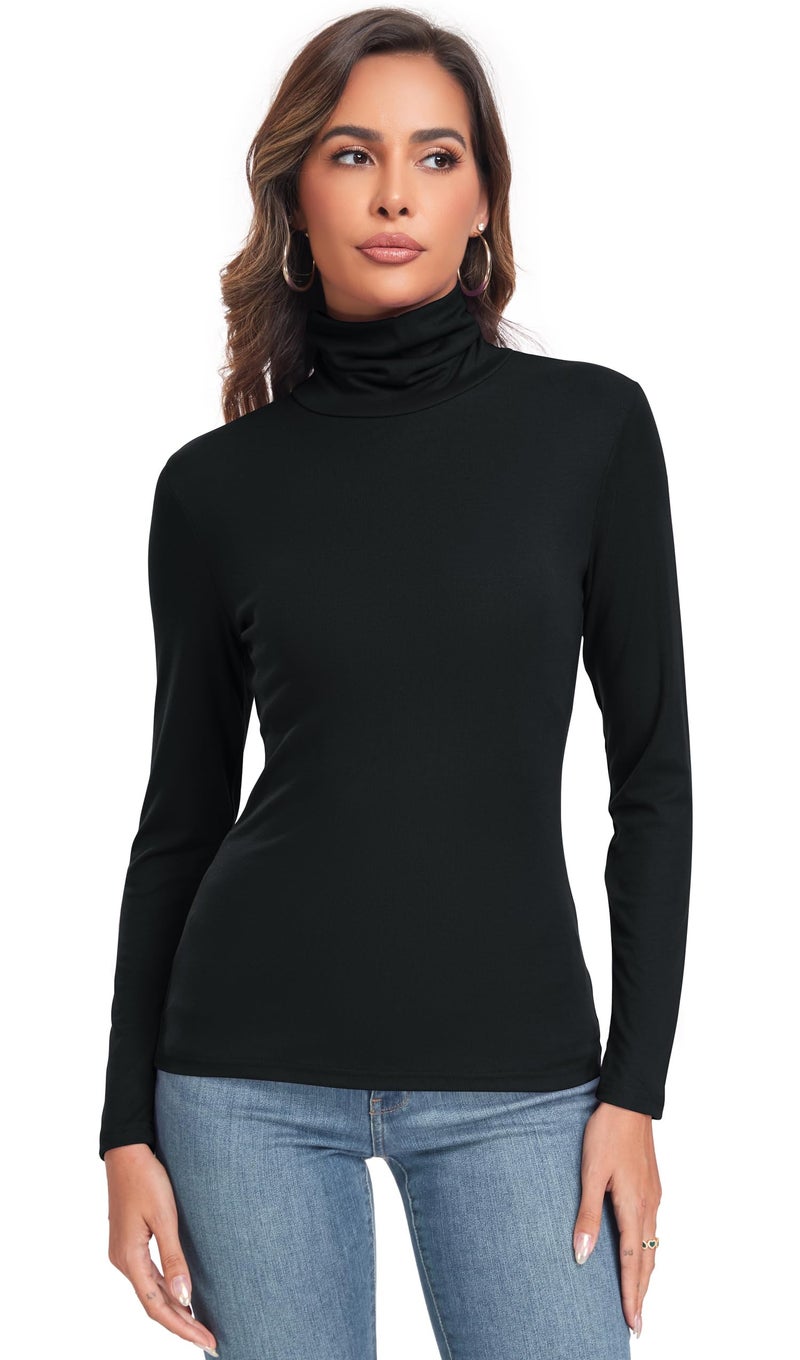 Qaffier Women's Turtleneck Long Sleeve Shirts Fall Fashion Basic Layering Slim Fit Soft Thermal Underwear Tops Black Large - Image 2