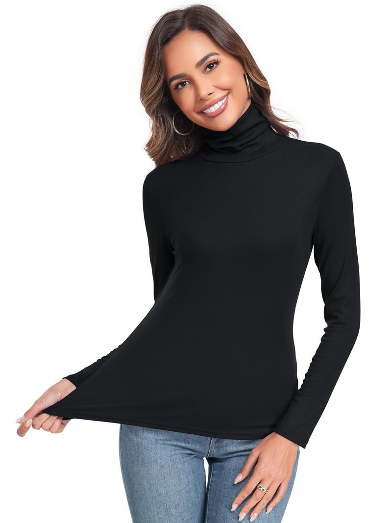 Qaffier Women's Turtleneck Long Sleeve Shirts Fall Fashion Basic Layering Slim Fit Soft Thermal Underwear Tops Black Large - Image 4