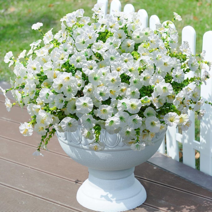 ARTIFICIAL OUTDOOR FLOWERS FAKE PLANTS FOR SPRING SUMMER DECORATION 12 BUNDLES WHITE SILK MORNING GLORY EUCALYPTUS UV RESISTANT REALISTIC FAUX FLOWER FOR OUTSIDE HOME PLANTER PORCH YARD PATIO BALCONY