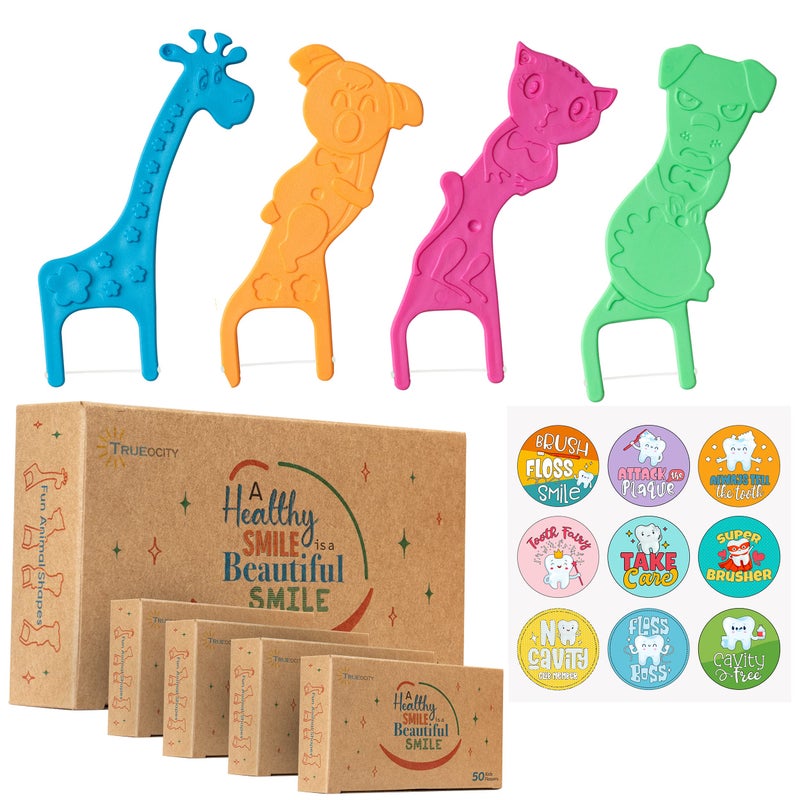 Biodegradable Kids Flossers 200 Pack Natural Fluoride Free Animal Kids Dental Floss Sticks Mild Orange