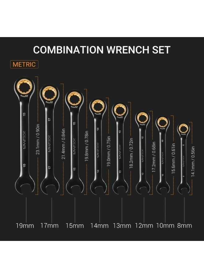 SPAITRON 8pcs Professional Ratcheting Wrench Set, Metric (8-19mm), 72-Teeth CR-V Steel with Black Electrophoretic Anti-Rust Finish, Heavy Duty Mechanic Tool Kit with Yellow-Edged Storage Bag - Image 2